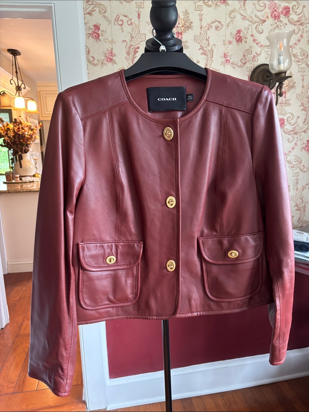 COACH Burgundy Leather Button-Front Jacket
